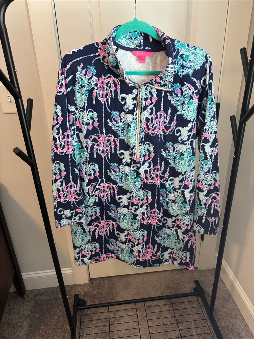 Lilly Pulitzer Navy Skipper Dress with Pink & Aqua Chandelier Print